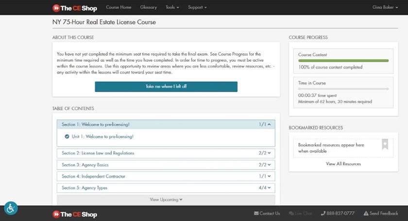 Example of The CE Shop's main course dashboard from a computer website