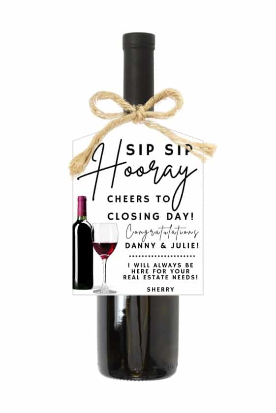 Wine bottle with gift tag that says 