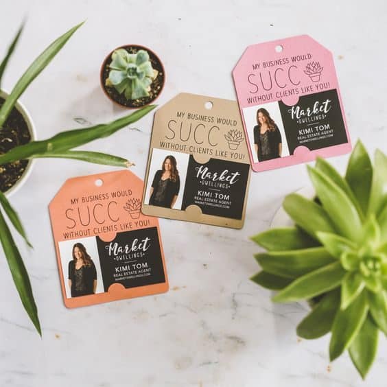 Succulent gift tag with business card attached that says 