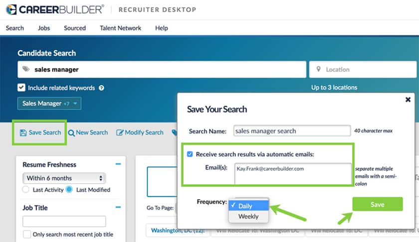 Screenshot of CareerBuilder receive resume alerts