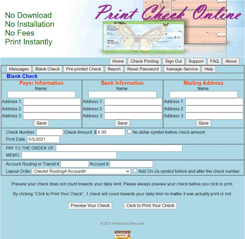 The check printing dashboard on print check online.