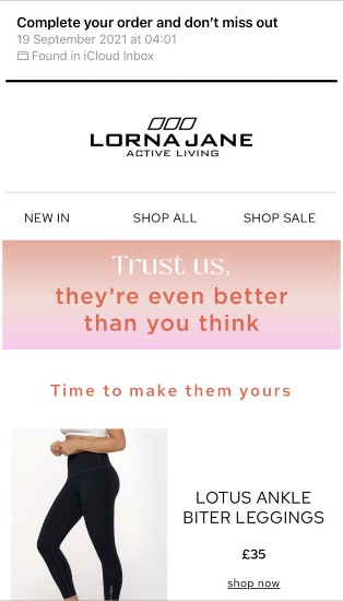 Lorna Jane发送包含购物车项目的个性化电子邮件。