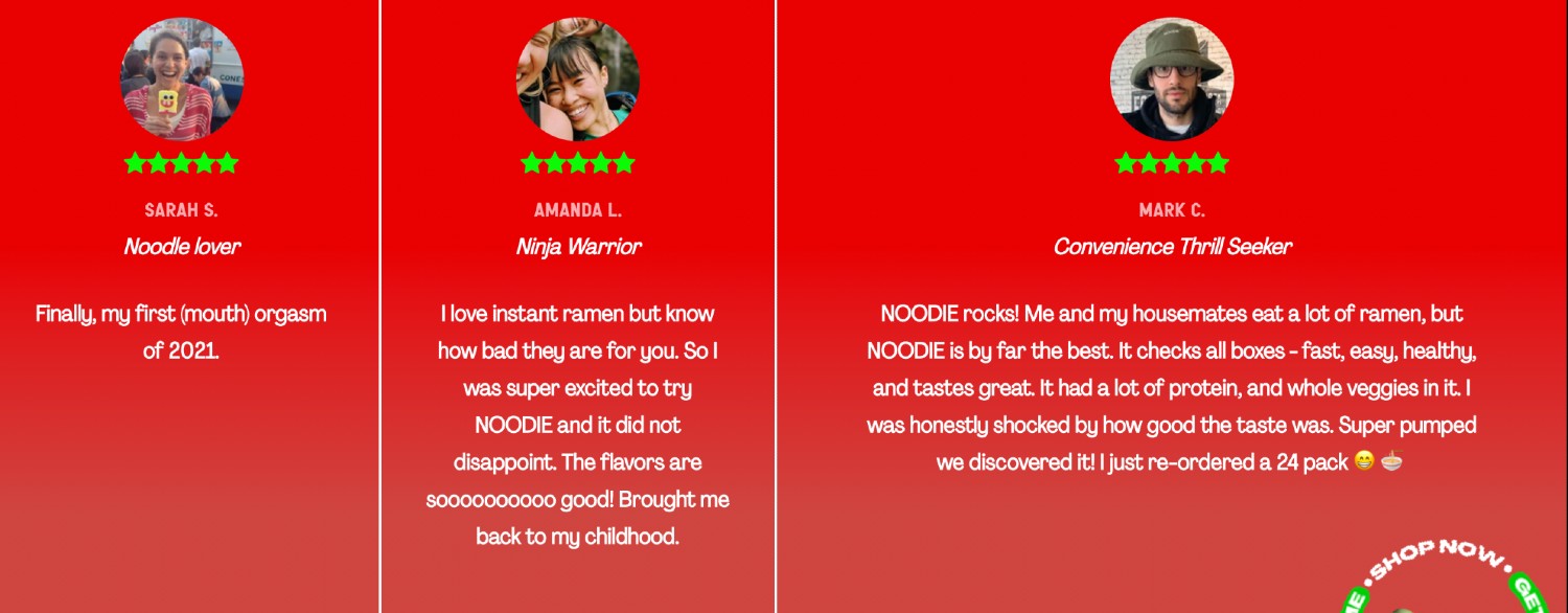 Noodie在他们的网站上显示积极的客户评论。