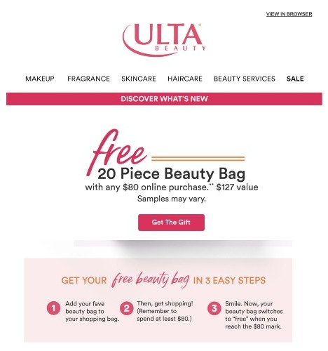Ulta Beauty提供免费的20块美容袋。