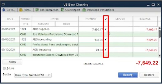 Updated Check Register Containing the Recently Imported Transaction