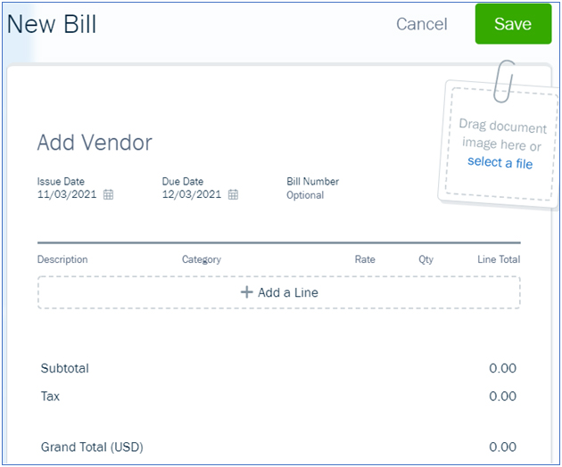 Add new bill screen on FreshBooks.