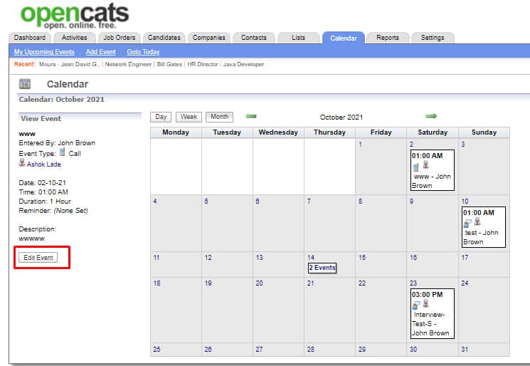 OpenCATS日历工具的截图