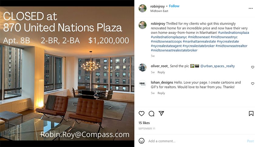 Robin Roy Instagram post with real estate hashtags