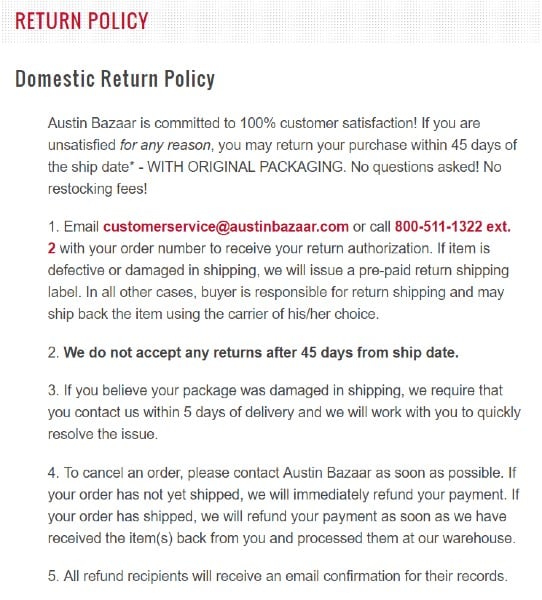 Screenshot of a Clear Informative Return Policy