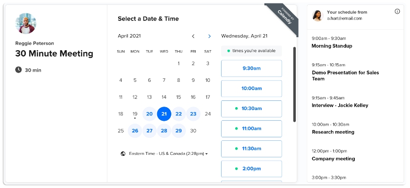 The Calendly scheduling interface shows all meeting appointments of a user.