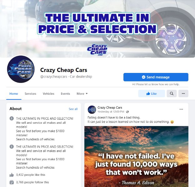 来自Crazy Chrap Cars的汽车经销商Facebook页面的例子