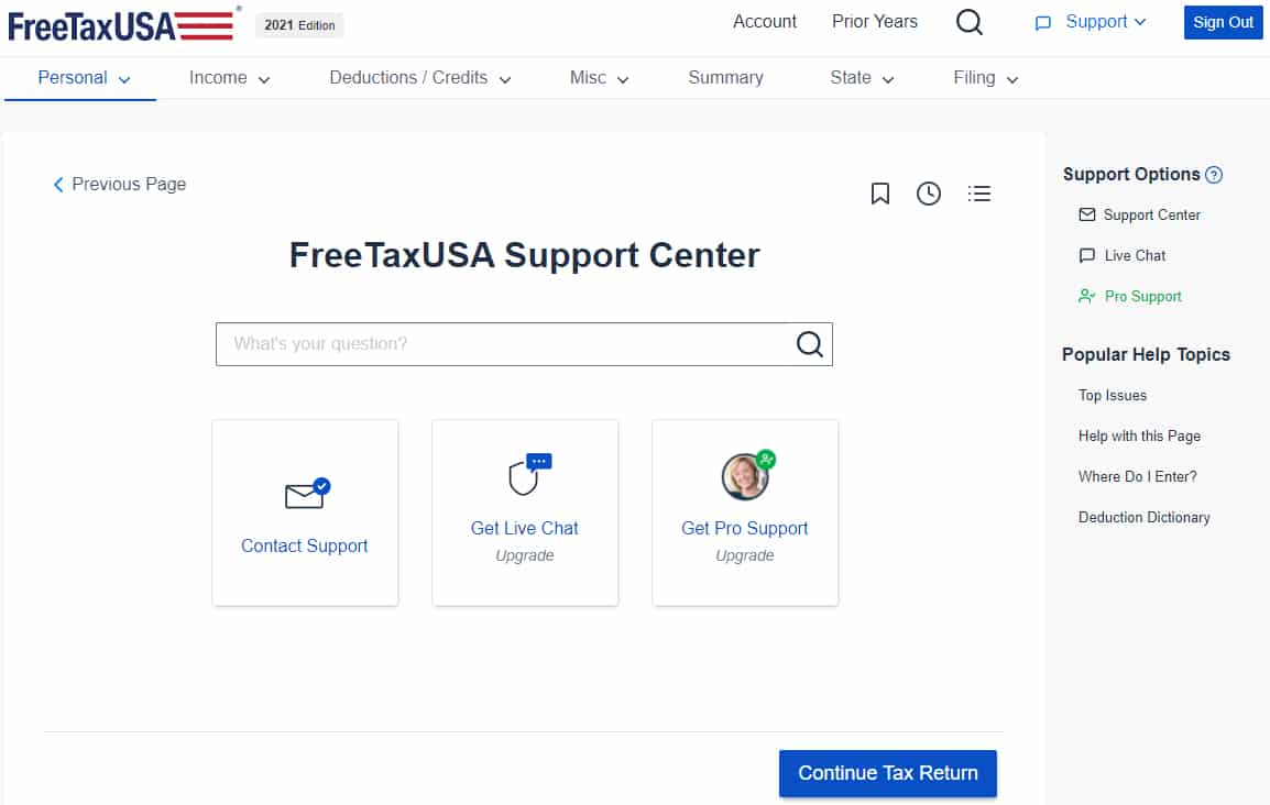 FreeTaxUSA支持中心，您可以通过电子邮件寻求帮助，或在其客户支持页面和问答数据库中搜索支持主题。