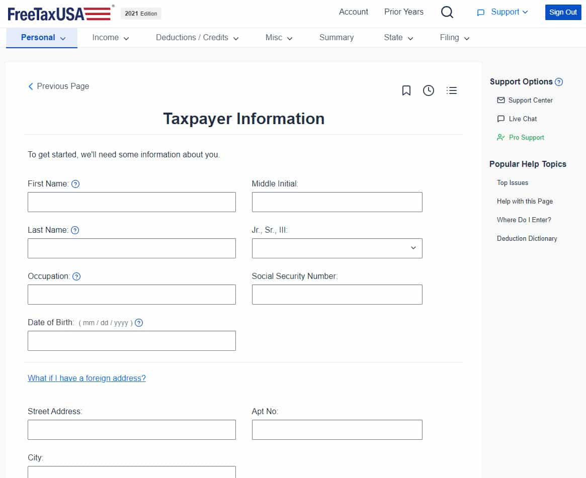 FreeTaxUSA帐户信息页面，您可以在其中填写有关您的信息。