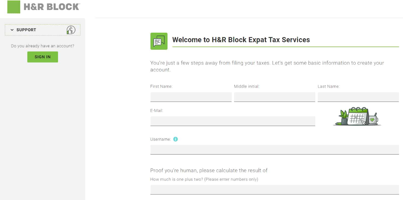 H&R Block外籍人士税务服务页面，提交一些基本信息。