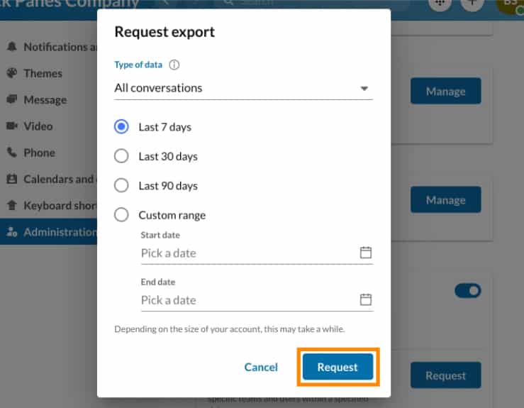 RingCentral request export with choices of all conversation that allows you to save messages for later.