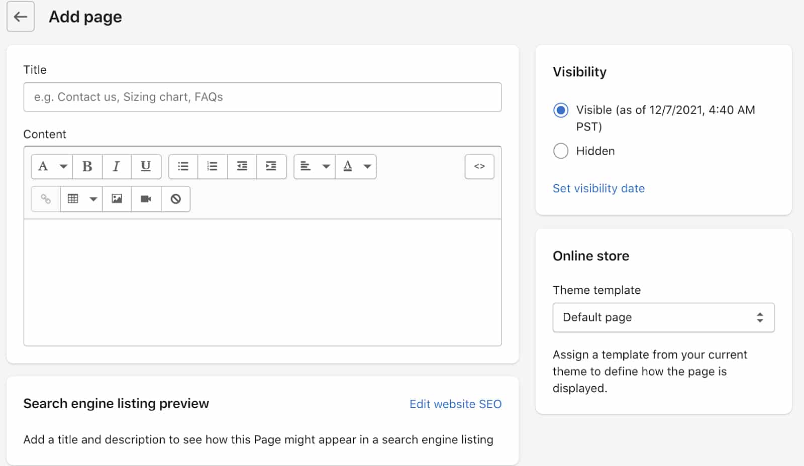 Shopify所见即所得编辑器或添加页面。