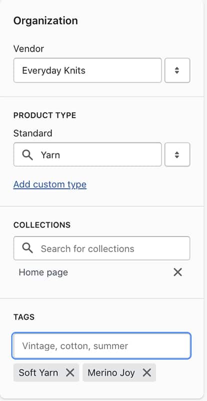 An example of how to organize products in a Shopify store.