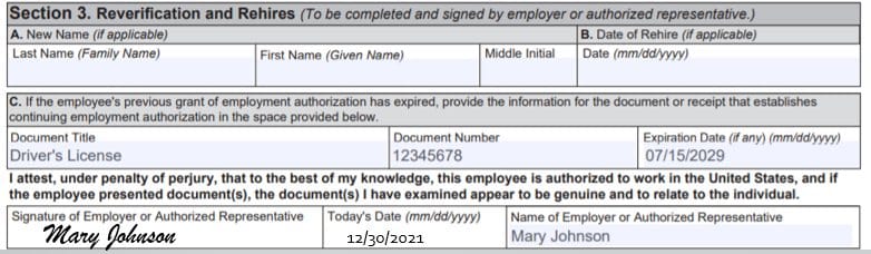 在表格I-9中输入重新雇用的日期或验证文件。