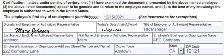 在表格I-9上填写入职日期并签字。