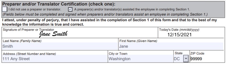 准备人员或翻译人员将在表格I-9上签名并填写他们的姓名和地址信息。