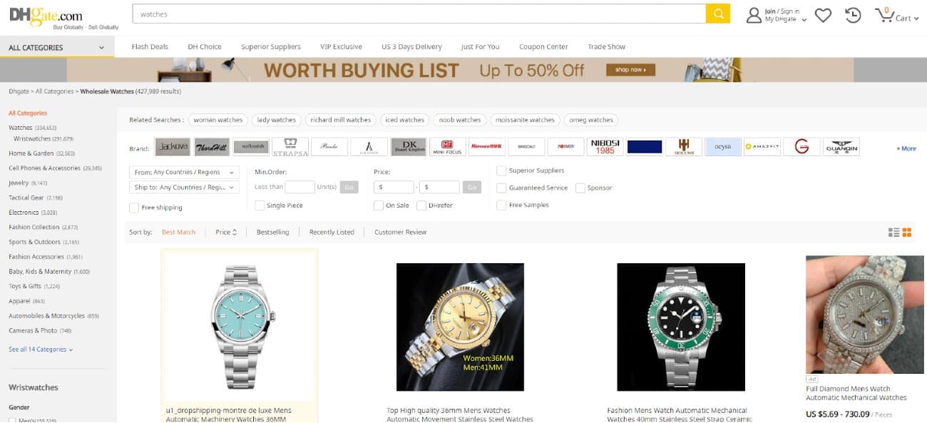 在DHgate上搜索中国批发手表，会得到超过42万个结果。