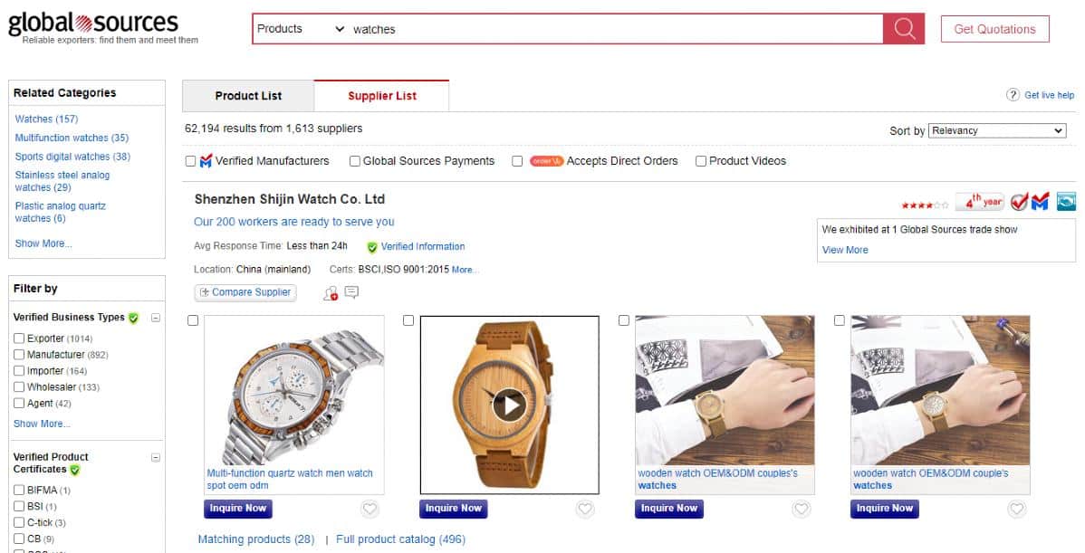 搜索环球资源，可以找到1600多个中国手表供应商。