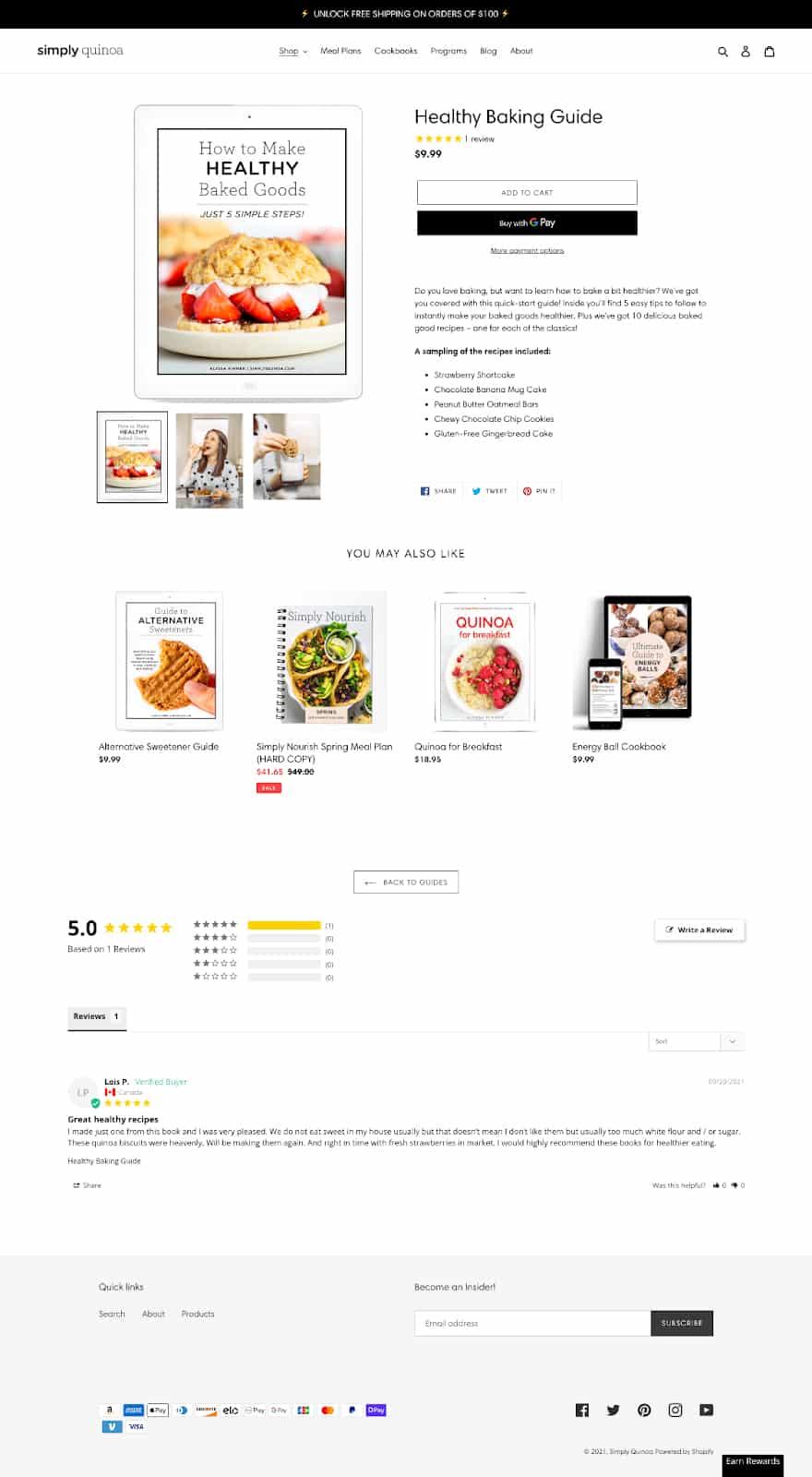 简单的藜麦的产品页面与图书指南销售。
