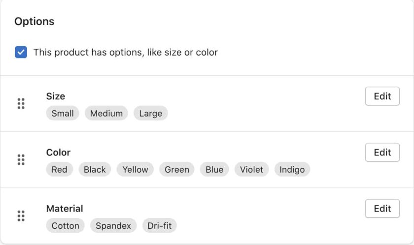 在Shopify中从颜色、大小和材质设置产品的变体。