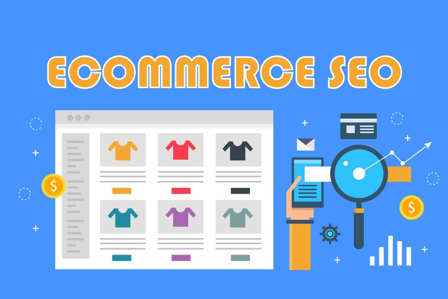 Ecommerce SEO, marketing campaign, online shopping, website store flat vector banner illustration isolated on blue background.