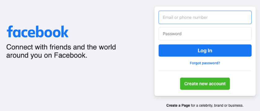 Facebook welcome page with login form and 