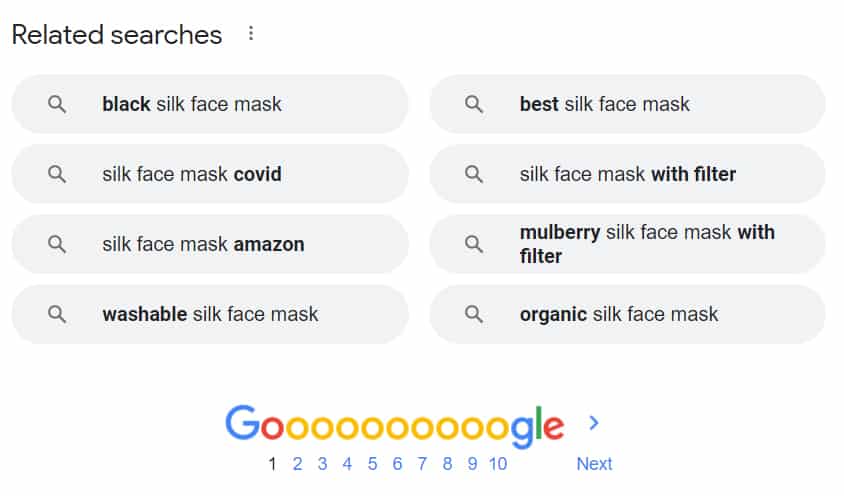 谷歌搜索“丝绸面膜”的结果与相关搜索关键词。