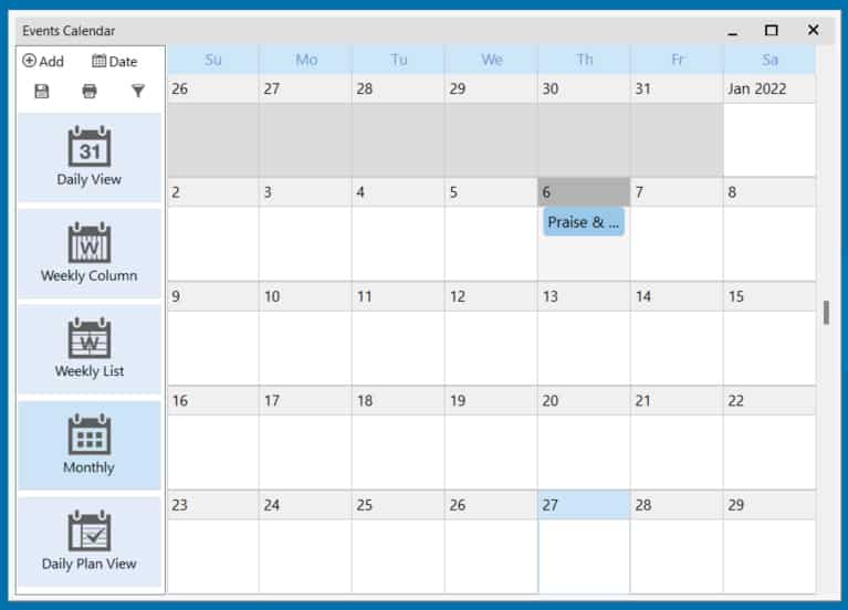 PowerChurch +sample event calendar.