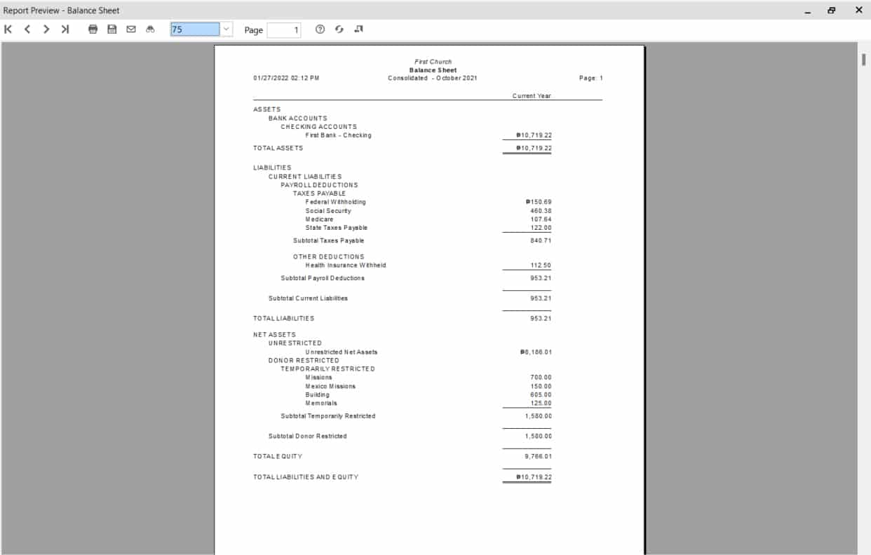 PowerChurch +sample balance sheet report preview.