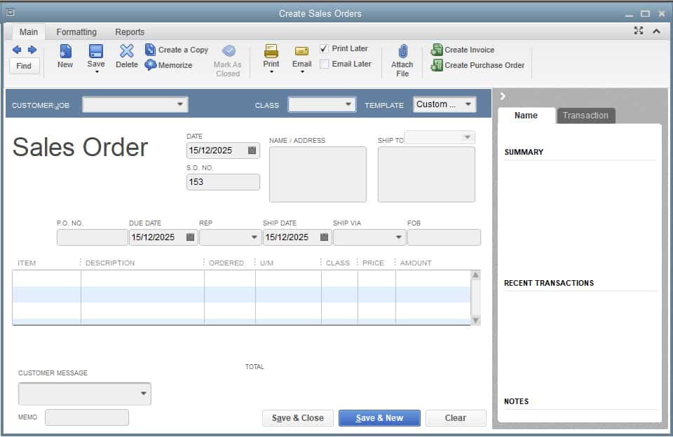 Image of QuickBooks Retail Edition in creating new sales order.