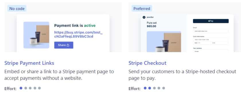 Choosing between a payment link with no coding required or a hosted checkout page.