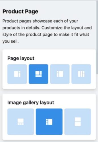 Ecwid Product page settings for changing the page layout and gallery layout.