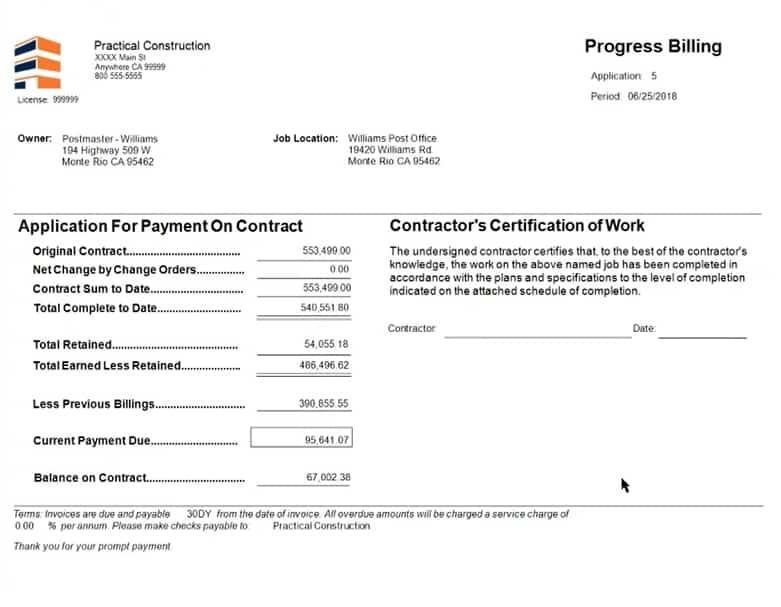 A sample Generic Progress Billing with application for payment on contract.