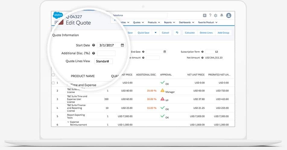 Salesforce’s CPQ feature manage users invoices and track customer payments.