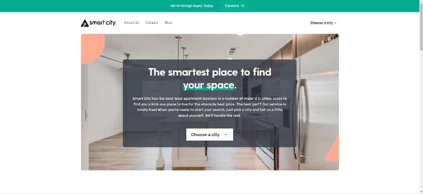 Real estate company Smart City's landing page from their website.