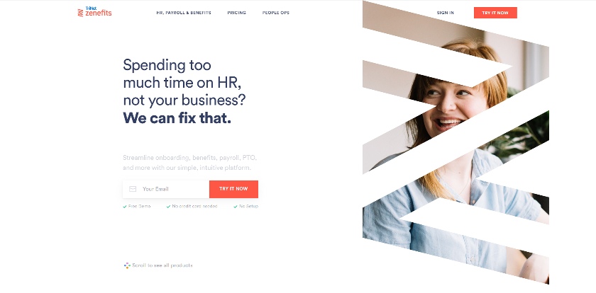 HR firm Zenefits' landing page from their website