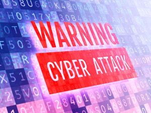 Warning cyber attack sign with a background pattern of letters and numbers.