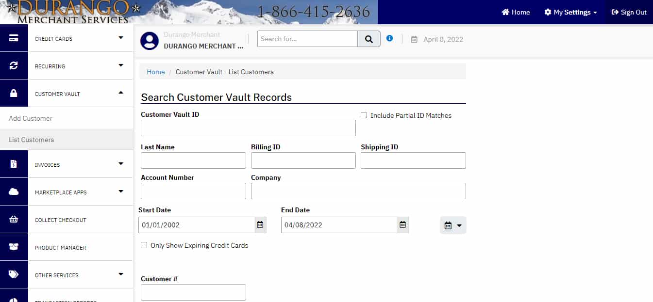 Add customers detail tab in Customer Vault in Durango Merchant Services.