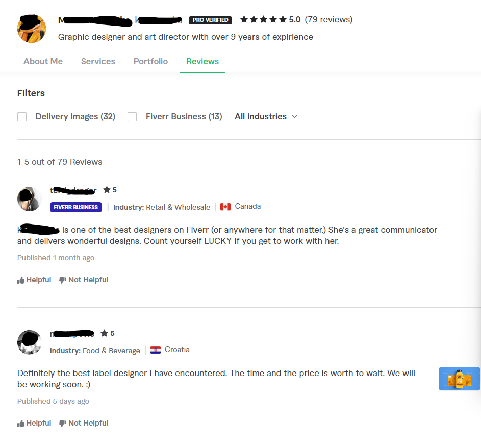 Fiverr用户评论对自由职业者的概要文件。