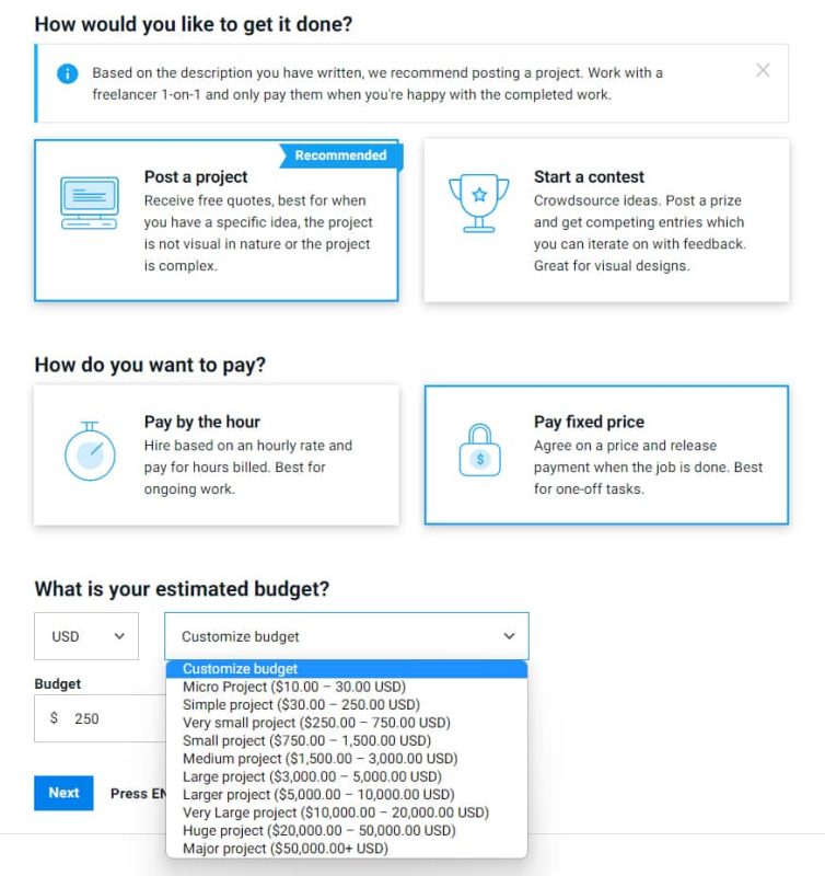 选择在Freelanc如何支付和估计预算er.com.