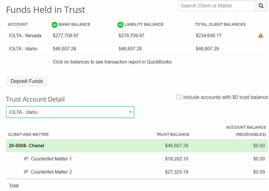 Sample image of Funds Held in Trust in LeanLaw.