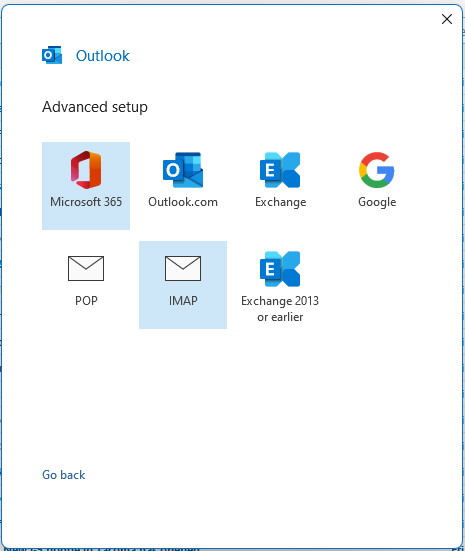 Outlook advanced setup select either IMAP or POP.