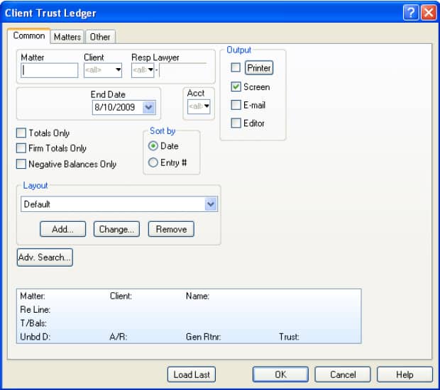 PCLaw's Client Trust Ledger tab.