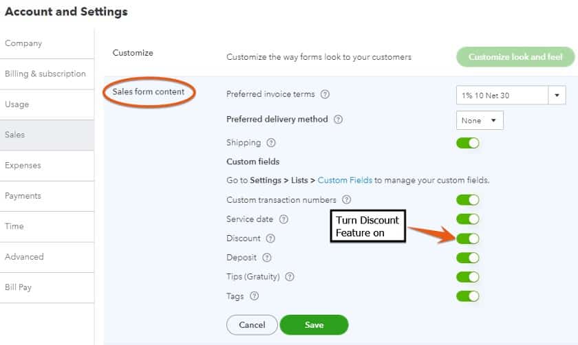 Turning the Discount feature on in QuickBooks Online.