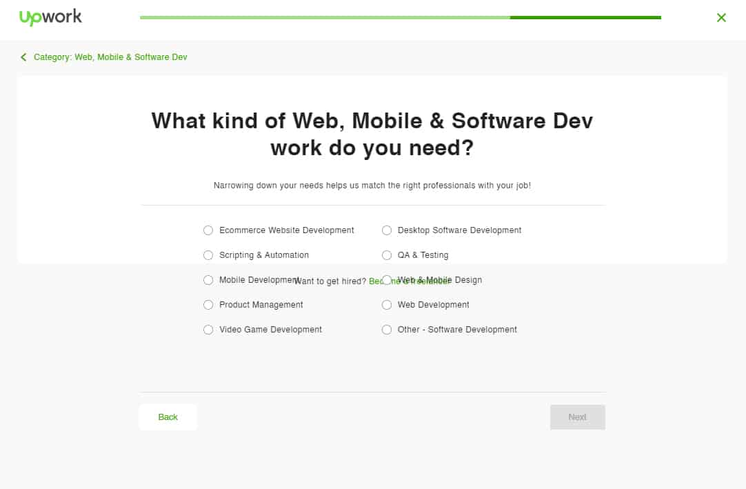Upwork Category search.