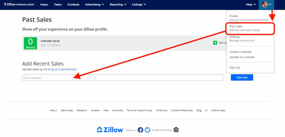 在Zillow.com代理仪表板中添加最近的过去销售。